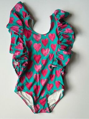 Posh Peanut Teal One-Piece with Pink Heart Print and Ruffle Shoulders